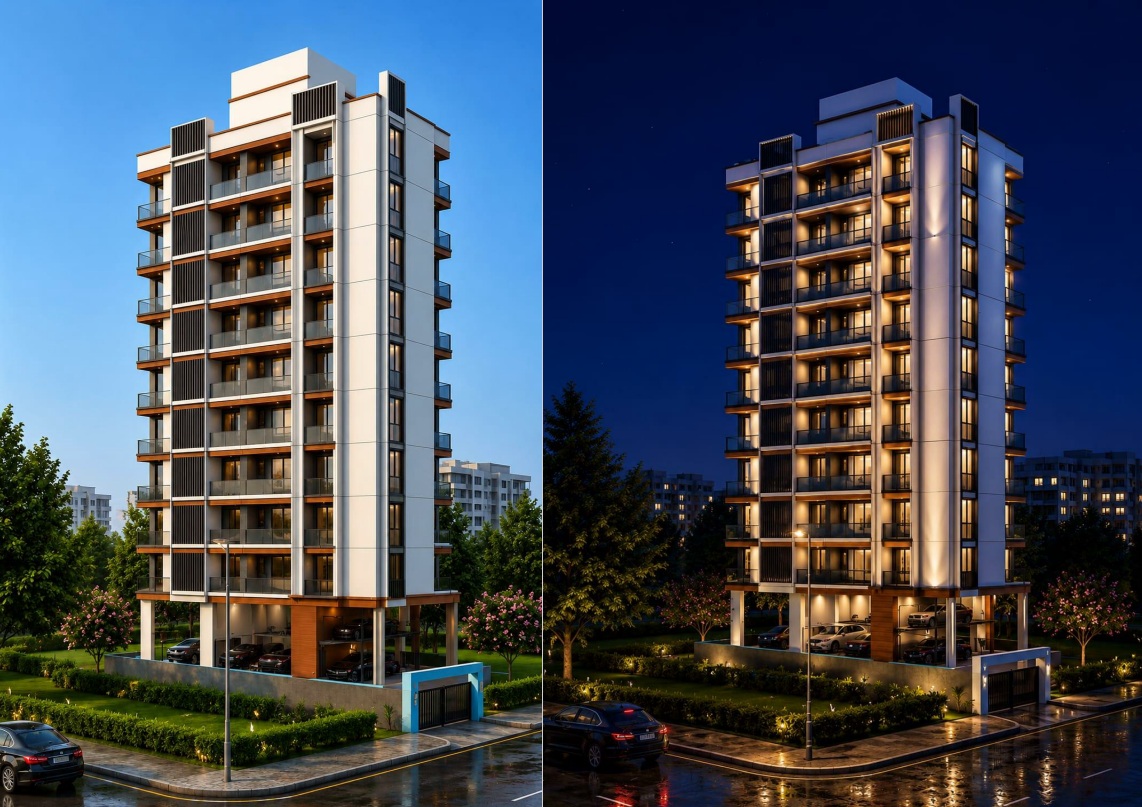 Residential building 3D front elevation render
